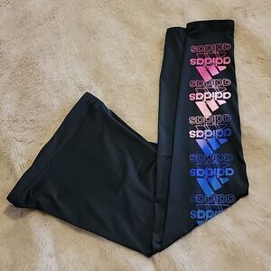 ADIDAS BLACK WITH MULTI-COLOR LOGO DOWN LEG ACTIVE LEGGINGS, SIZE 10-12, NEW!